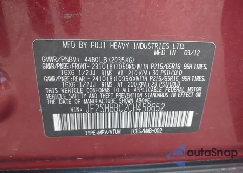 2012 Subaru Forester 2.5X from USA, damaged, VIN JF2SHBBC2CH458652